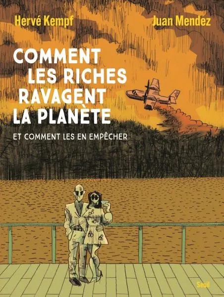 Un couple sur la berge, une coupe à la main avec en arrière plan une forêt brulant et un canadaire larguant de l'eau