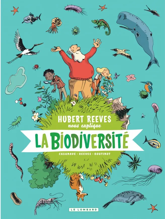 Huber Reeves avec 2 anfants sur une petite Terre entouré par plein d'animaux dans les airs