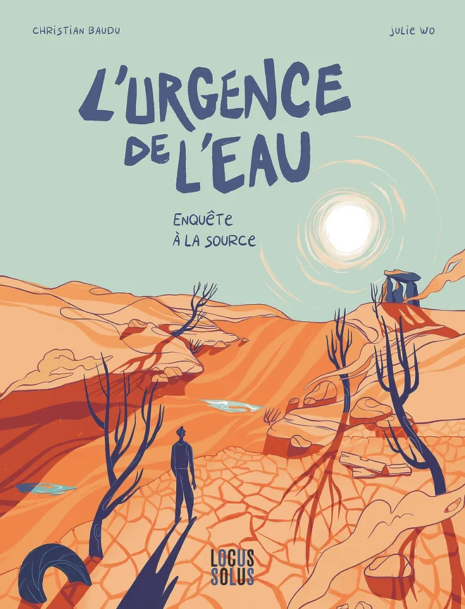 un homme et son ombre dans un territoire devenu désert avec un soleil de plomb à l'horizon