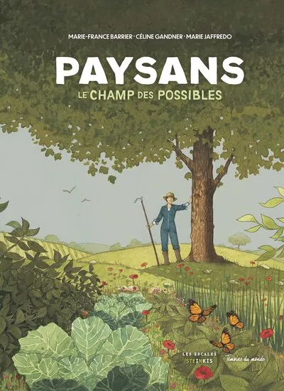 paysan, se tient à un arbre, le regard au loin, au milieu de la nature